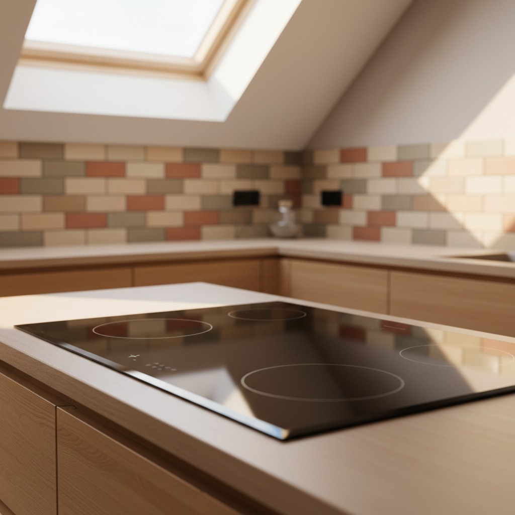 An electric stove set in a kitchen, with a skylight and the 'right' angle above it.