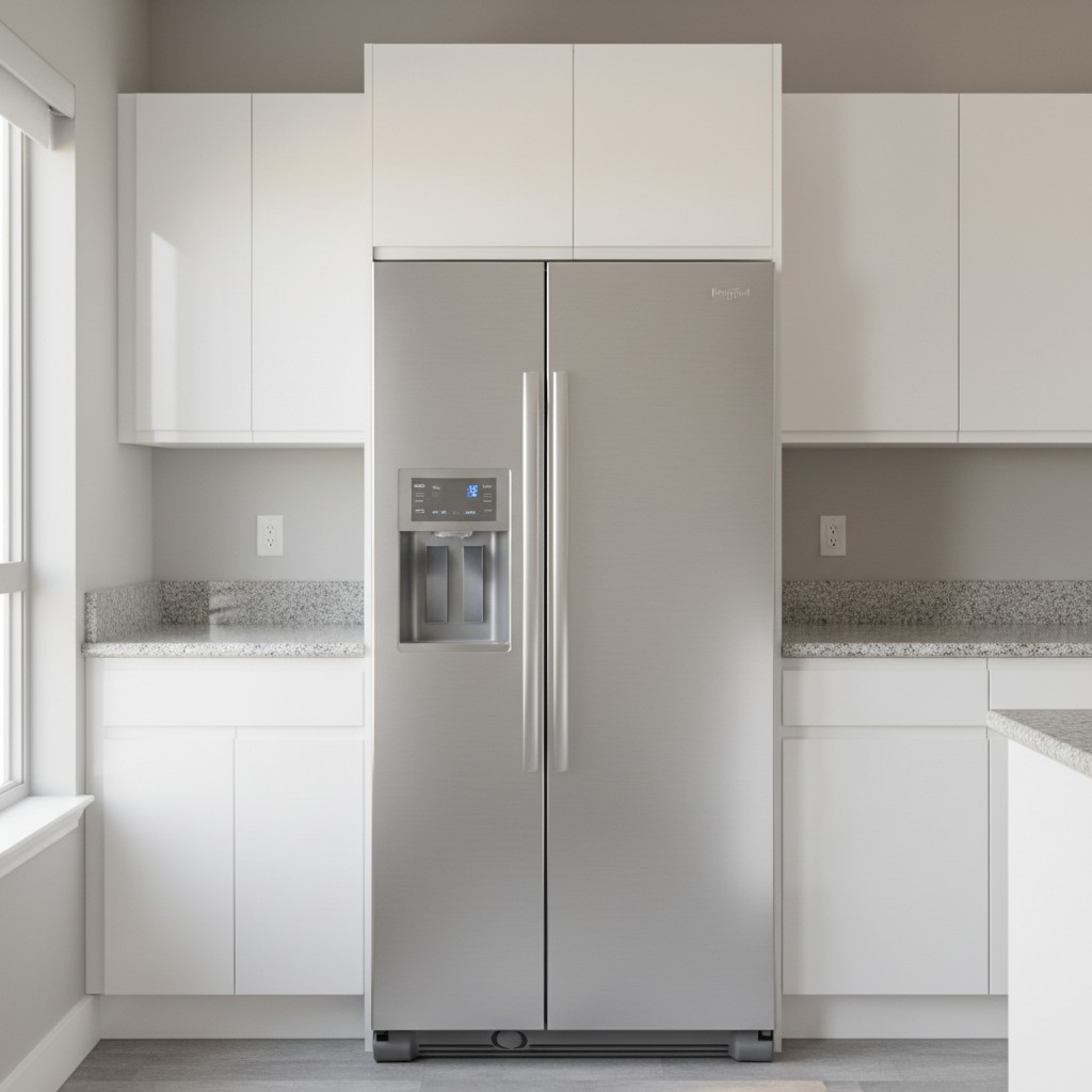 A modern kitchen features a sleek stainless steel side-by-side refrigerator with features such as ice and water dispenser,...
