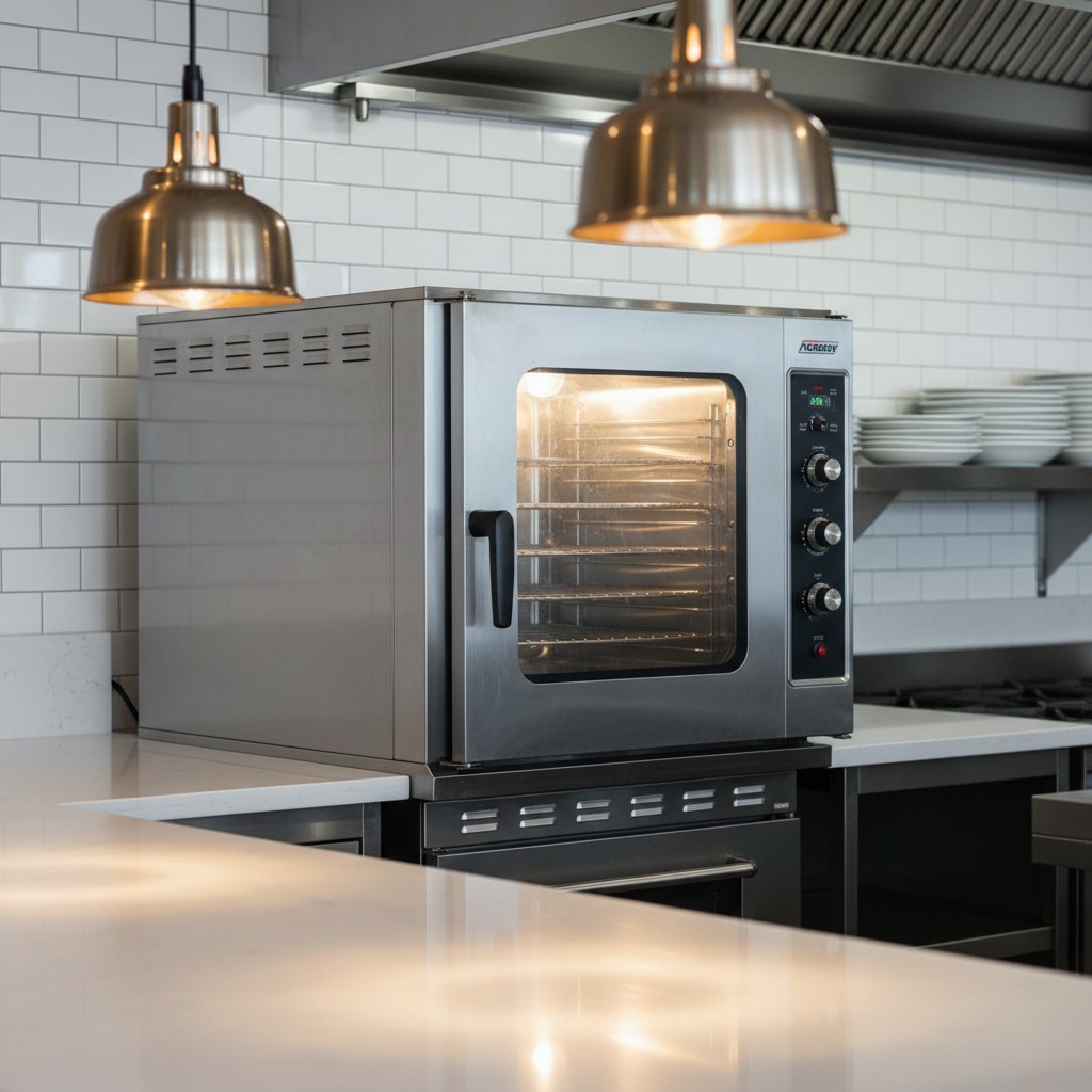 This appears to be a photograph of a stainless steel convection oven, with a slide-in plate rack for maximizing interior s...