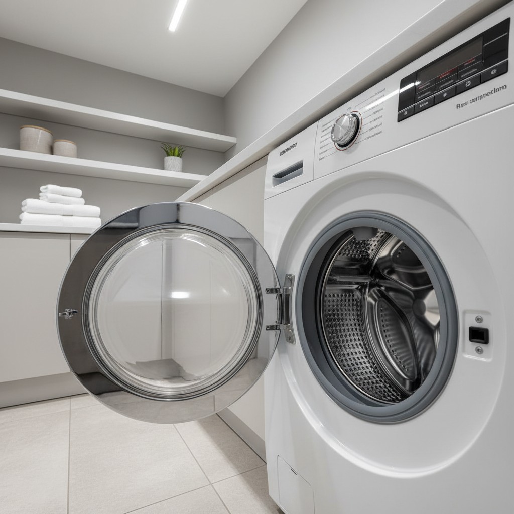 Washing machine in a utility room with white cupboards and cabinets