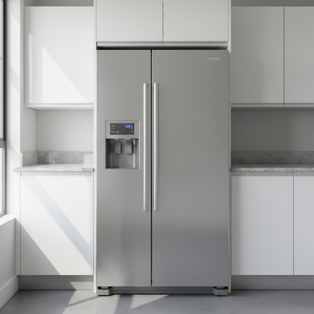 [Empty image description with "A stainless steel side-by-side refrigerator with double doors and an ice and water dispense...