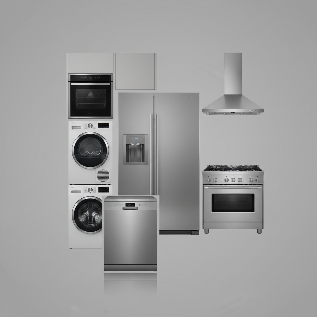 Collage of major home appliances: refrigerator, washer, dryer, dishwasher, built-in oven, cooking range, and rangehood. Modern, clean style.