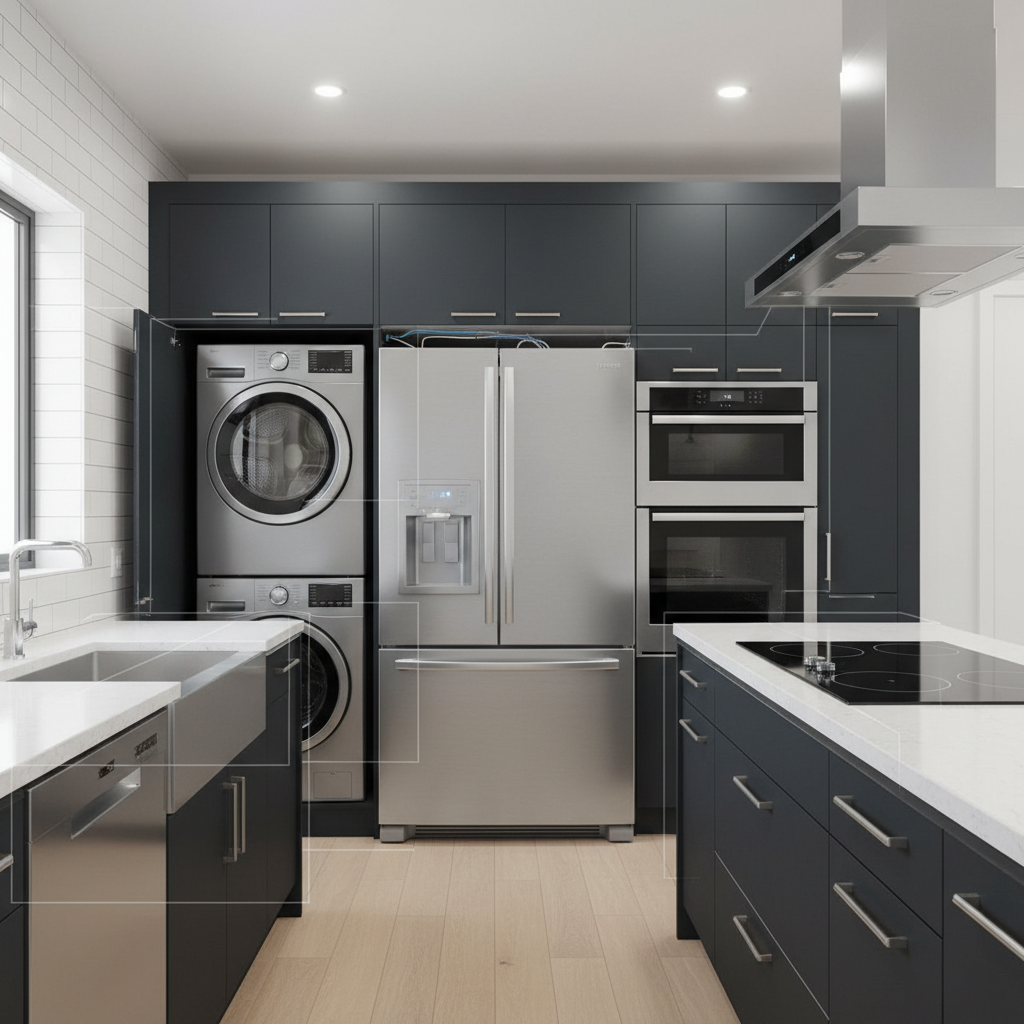 A collage or arrangement of household appliances: refrigerator, washer, dryer, dishwasher, built-in oven, cooking range, rangehood, and microwave, all in a modern kitchen setting.