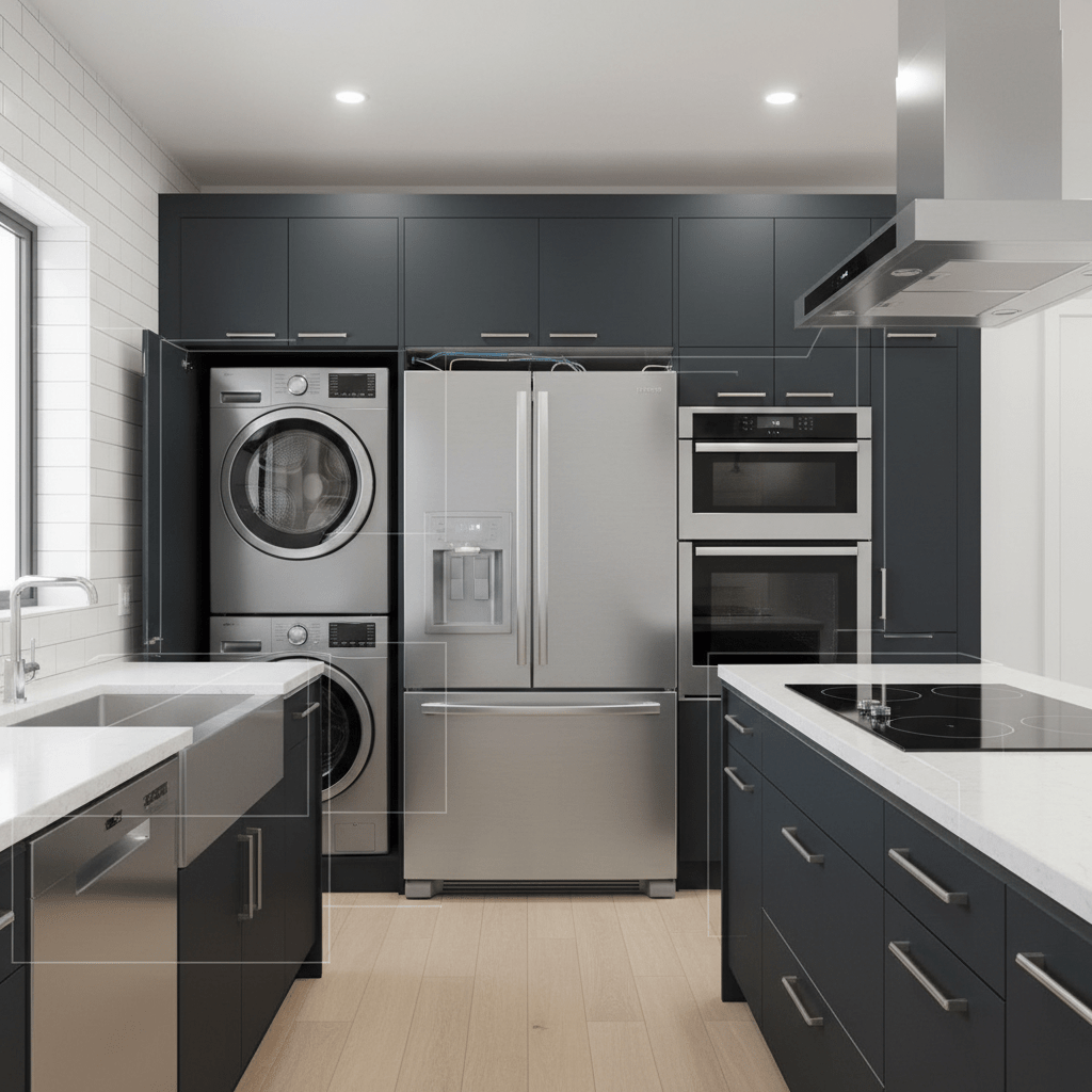 A collage or arrangement of household appliances: refrigerator, washer, dryer, dishwasher, built-in oven, cooking range, rangehood, and microwave, all in a modern kitchen setting.