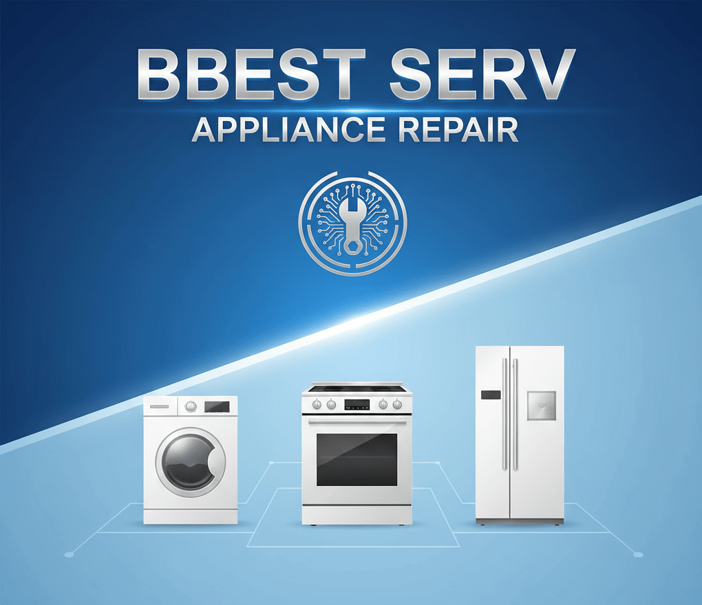An appliance repair themed image with the text 'BBest serv appliance repair' prominently displayed on top, using a modern and professional style, different from the current design