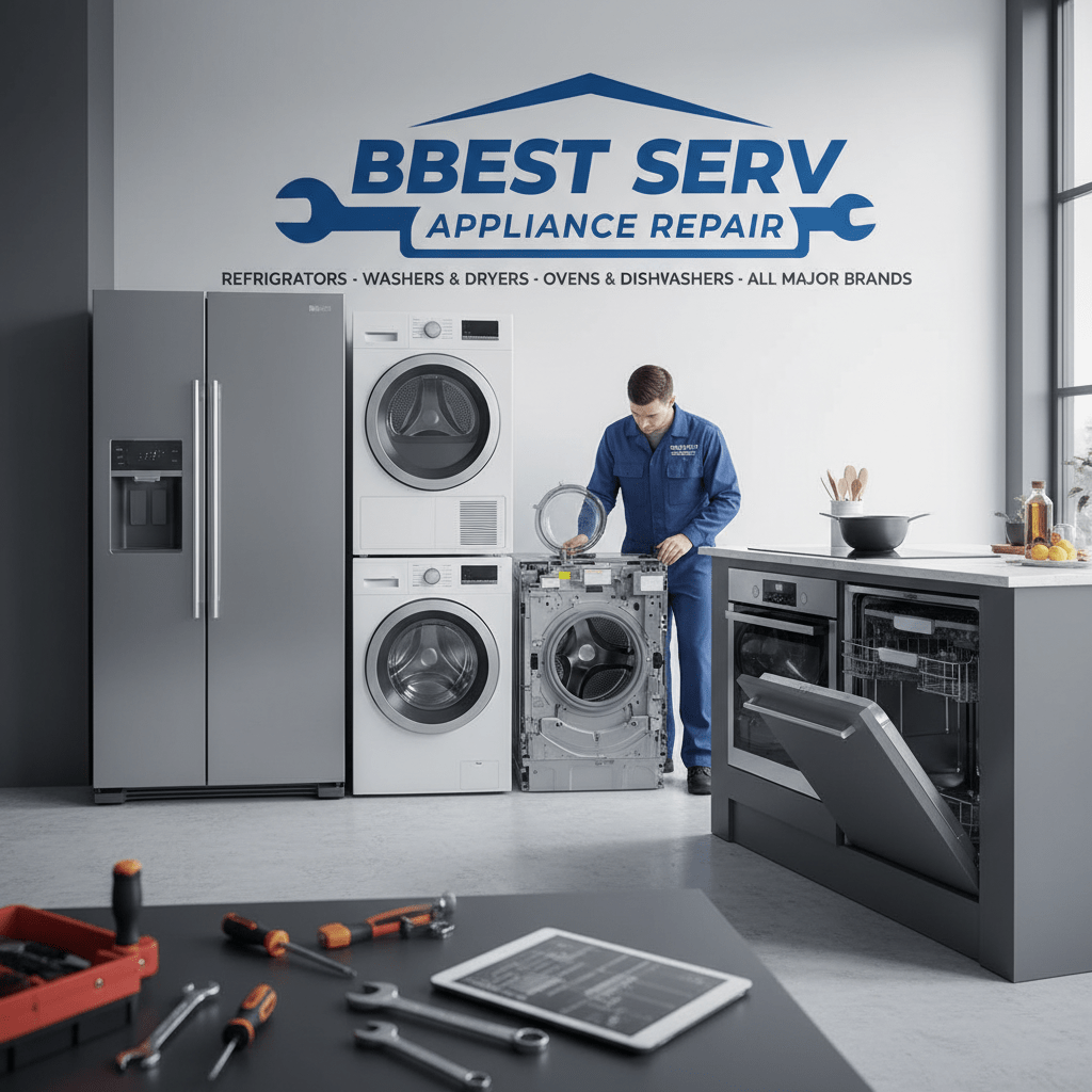 A professional and attractive image featuring a variety of home appliances (such as a refrigerator, washing machine, oven, and dishwasher) to represent appliance repair services for BBest serv appliance repair.